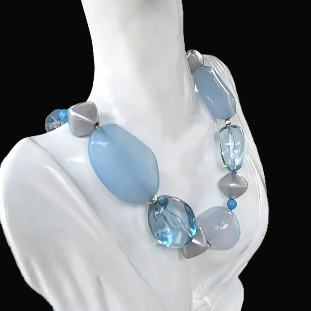 Milky Ice Blue Aquamarine Baroque Acrylic Beaded Necklace - Picture 2 of 9